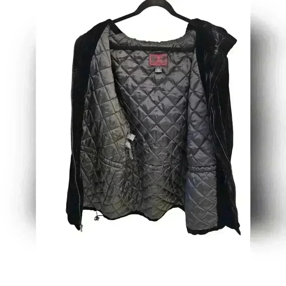 WOMENS LAUREN RALPH LAUREN BLACK VELVET SILK HOODED COAT PARKA LARGE - Picture 4 of 13